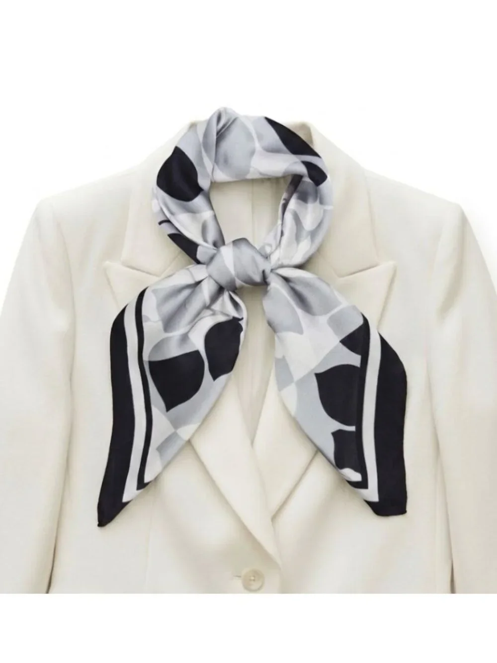 Luxury Silk Feel Scarf Gray White Black Abstract Geometric Floral Square Bandana